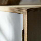 Angled corner of cabinet showing ply wood detail, white painted door and hinge.