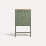 Green painted two door shaker style cabinet on tall legs with oak work top. 