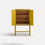 Yellow painted two door shaker style cabinet on tall legs with oak work top. Doors open sliding shelf extended.