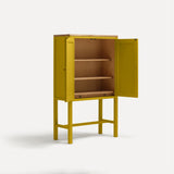 Yellow painted two door shaker style cabinet on tall legs with oak work top. Shown at angle doors open revealing oak interior and shelves.