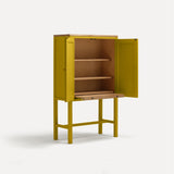 Yellow painted two door shaker style cabinet on tall legs with oak work top. Shown at angle doors open sliding shelf extended.