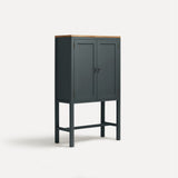 Blue Grey painted two door shaker style cabinet on tall legs with oak work top. Shown at angle.