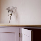 Close up of pink painted sideboard with oak worktop agains pink plaster wall with dried flower seed heads.