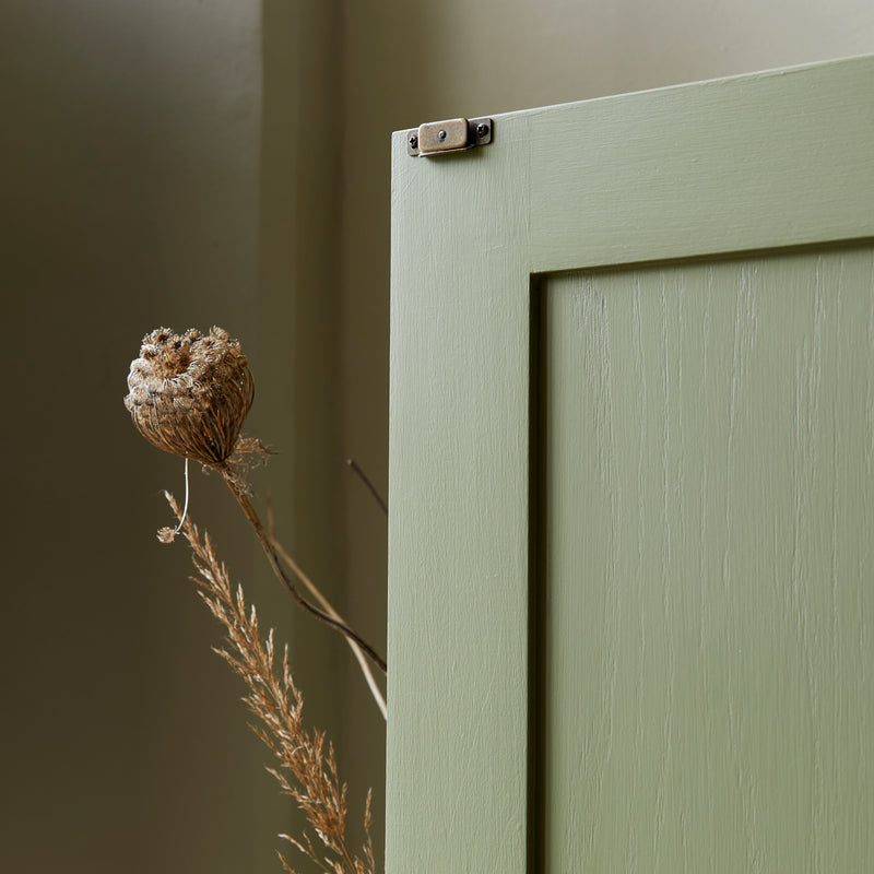 Close up of green painted shaker style door showing brass magnetic latch and wood grain under paint. Dried seed heads in foreground.