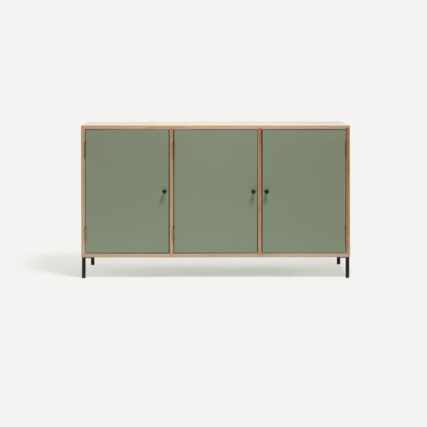 Three door ply wood contemporary side board with green painted doors, black metal knobs and feet.