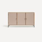 Three door ply wood contemporary side board with pink painted doors, black metal knobs and feet.