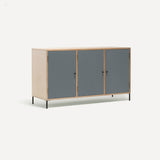 Three door ply wood contemporary side board with blue grey painted doors, black metal knobs and feet. Shown at an angle.