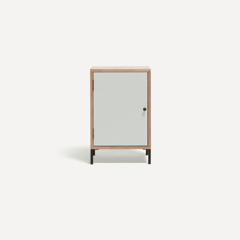 Single door ply wood contemporary bedside cabinet with white painted door, black metal door knobs and black metal legs