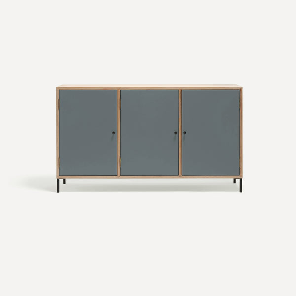 Three door ply wood contemporary side board with blue grey painted doors, black metal knobs and feet.